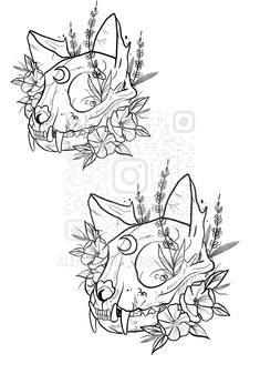 two drawings of animals with flowers on their heads, one in the shape of an animal's head