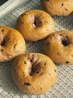 four doughnuts sitting on top of a cooling rack