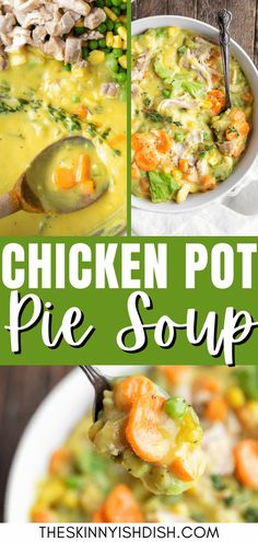 chicken pot pie soup with broccoli, carrots and celery in it