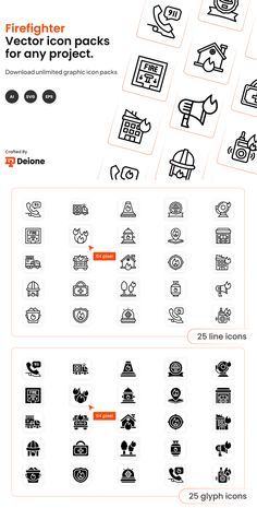 the firefighter icon pack is shown in black and white, with different symbols on it