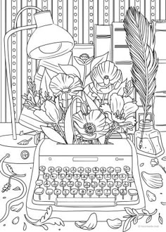 an old fashioned typewriter with flowers and plants on it