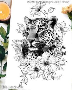 a black and white drawing of a leopard surrounded by flowers with candles in the background