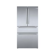 a stainless steel refrigerator freezer with two doors and drawers on the bottom, in front of a white background