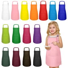 children's aprons in various colors and sizes, with the child holding a plate