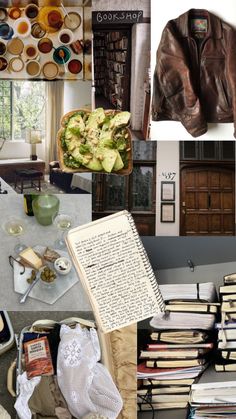 a collage of photos with books and other items