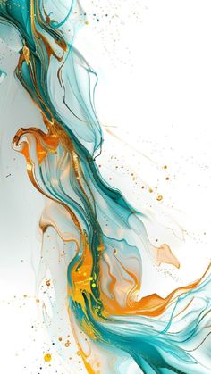 an abstract painting with blue, orange and yellow colors on white paper that looks like fluid paint