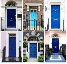 four different blue doors are shown in this collage with the same color as each door