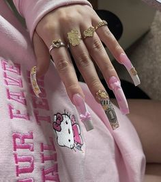 Best Acrylic Nails Hello Kitty, Hello Kitty Acrylics, Long Square Acrylic Nails Hello Kitty, Long Acrylic Nails With Hello Kitty Charms, Xl Long Acrylic Nails Hello Kitty, Big Hello Kitty Charm Nails, Fake Nails Long, Coffin Nails Long