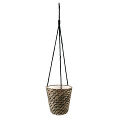 a white hanging planter with black rope