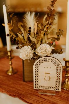 a table with candles and flowers on it