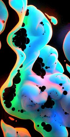 an abstract painting with blue, green and yellow colors on black background that looks like liquid