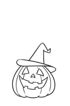 a black and white drawing of a pumpkin wearing a witches hat