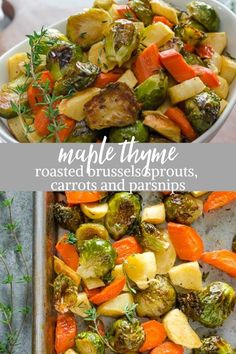 roasted brussel sprouts, carrots and parmesan potatoes in a casserole dish