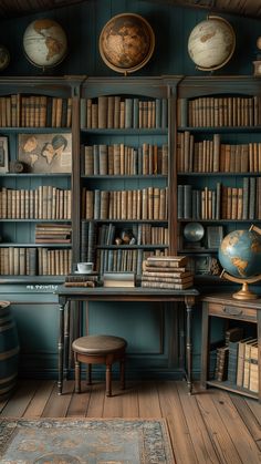 an old library with many books and globes on the shelves, along with a stool