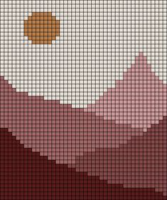 a cross stitch pattern with mountains in the background and a brown circle on top of it