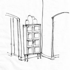 a drawing of a room with two shelves and an open door on the wall,