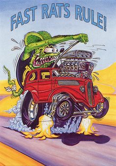 an advertisement for the fast rat's rules, featuring a monster driving a red car