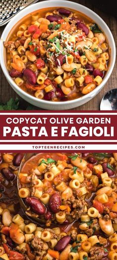 two pictures showing different types of pasta and meat in a bowl with the words copyotat olive garden pasta e fagioi