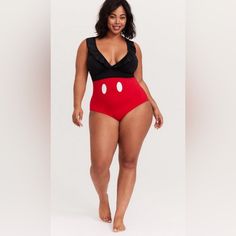 Disney Mickey Mouse Black & Red Ruffle Wireless One-Piece Swimsuit, Torrid, Size 2. Never Worn, Nwt. Coming From A Smoke Free, Pet Free Home. Disney Swimwear For Summer Beach, Disney Swimwear For Beach In Summer, Jumpsuit Coverup, Midkini Tops, Mickey Mouse Black, Skirted Tankini, High Waisted Swim Bottoms, Green Swimsuit, Tankini Swim Tops