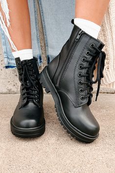 Color: Black PU Faux Leather Uppers Lace-Up Detail Side Zipper Closure Lug Sole Runs True To Size Launched: 9/16/24 Combat Boots Black, Boots Combat, Leather Combat Boots, Black Combat Boots, Boots Women, Lug Sole, Boots Black, Cute Shoes, Black Boots