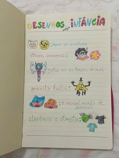 an open notebook with spanish writing and pictures on the pages, sitting on a table