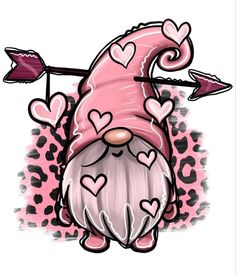 a pink gnome with hearts on it's head and an arrow in his hand