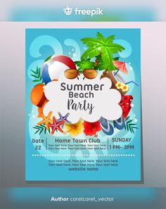 a beach party flyer with palm trees, umbrellas and other things on the blue background