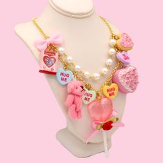 Valentine's Statement Necklace - Limited Edition - Fatally Feminine De – Fatally Feminine Designs Heart Teddy Bear, Disney Couture Jewelry, Erich Von Stroheim, Valentines Accessories, Conversation Heart, Necklace Charms, Kawaii Accessories, Converse With Heart, Funky Jewelry