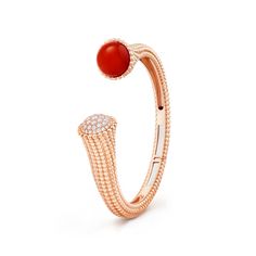 Adorned with ornamental stones, the Perlée™ couleurs jewelry creations embody a joyful spirit. Anchored in Van Cleef & Arpels' heritage, their bold use of color embodies the Maison's positive values. Perlée couleurs bracelet, 18K rose gold, carnelian, round diamonds, medium model; diamond quality DEF, IF to VVS. Gold Vans, Van Cleef And Arpels Jewelry, Van Cleef & Arpels, Clover Ring, Signature Rings, Signature Bracelet, Lucky Blue, Pendant Watches, Pave Diamond Ring