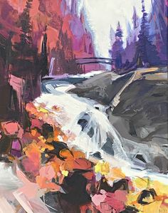 an impressionist painting of a waterfall and trees in the background with bright colors on it