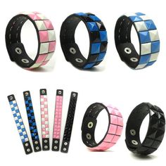 Synthetic Leather Studded Bangle Bracelet Adjustable Button     US Free Shipping 100% Satisfaction Guarantee Premium Quality   Color : Black, Pink, Pink/White, Turquoise/White, Turquoise/Black 1" Adjustable Button - Recommended Circumference Wrist: 7~8" Total Bracelet Length: 9" Bracelet Width: 1" Weight : 2 oz Item #: TB006 All orders and/or holidays orders after PST 3:00 pm on Friday will be shipped the day after Monday or the working day.   Return  Returns must be made within 30 days of recei Scene Accessories, Silly Clothes, Scene Outfits, Alt Outfits, Scene Fashion, Scene Kids, Funky Jewelry, Emo Fashion, White Turquoise