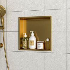 a bathroom with a shower head, soap and lotion