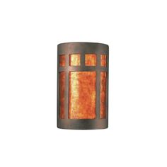 a small light fixture with an orange and brown shade on the side, against a white background