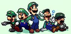 the mario brothers are all dressed up in different outfits and hats, one is pointing at something