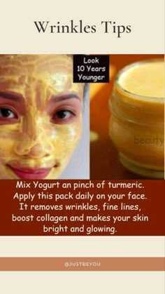 Turmeric Face Mask Dark Spots, Wrinkle Remedies Face, Natural Wrinkle Remedies, Turmeric Skin Care, Natural Botox, Beauty Treatments Skin Care, Skin Care Natural, Skin Care Ingredients