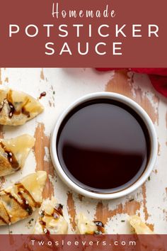 homemade pot sticker sauce in a white bowl next to some food