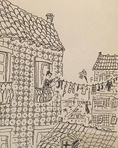 an ink drawing of clothes hanging from a line on a clothesline over rooftops