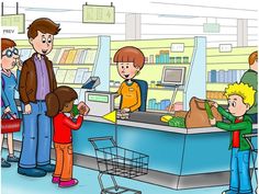 a group of people standing in front of a cash register at a store with a shopping cart