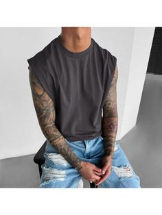 Men Youth T-Shirts, Unisex Casual Sleeveless Vest Casual Gray Sleeveless Muscle Tee, Gray Vest Style Crew Neck Tops, Casual Gray Tank Muscle Tee, Beach Sport, Gray Sleeveless Top For Streetwear, Gray Cotton Sleeveless Muscle Tee, Gray Crew Neck Muscle Tee For Summer, Gray Crew Neck Vest Top, Gray Vest Tops With Crew Neck