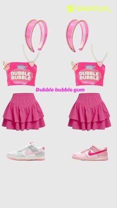 two girls'clothing and shoes are shown with the words double bubble gum on them