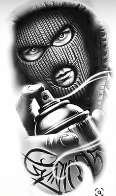 a drawing of a person wearing a ski mask and holding a spray bottle in his hand