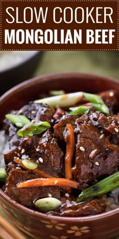 a bowl filled with beef and vegetables on top of rice