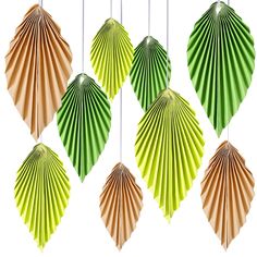 six green and brown paper fans hanging from strings