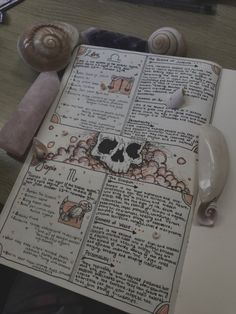 an open book sitting on top of a table next to some shells and other items