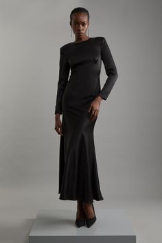 Elevate Your Occasion Wear Wardrobe With Our Elegant Midaxi Dress, With A Fitted Bodice Which Flows Into A Straight Skirt, And A Sleek, Slinky Design Perfect For Re-Wearing To Any Occasion. Style It With Strappy Heels For An Occasion Look That Is Guaranteed To Turn Heads Wherever You Step. Satin Back Crepe Long Sleeved Column Woven Midaxi Dress High Quality, Slinky Satin Backed Crepe Fabric Figure Hugging Fit Bodice Straight Hanging Skirt Long Sleeves High Neckline Keyhole Accent In Back Button