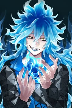 an anime character with blue hair and yellow eyes holding a crystal ball in his hands