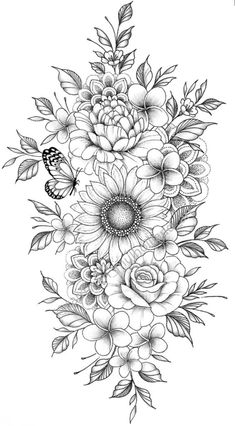 a bouquet of flowers with butterflies and leaves on the side, in black and white