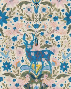 an animal is standing in the middle of a flowery wallpaper with blue and pink flowers