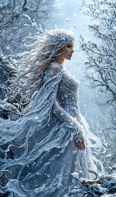 a woman in a white dress is walking through the snow with her hair blowing in the wind