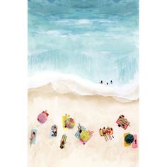 a painting of people laying on the beach with umbrellas and chairs in the sand